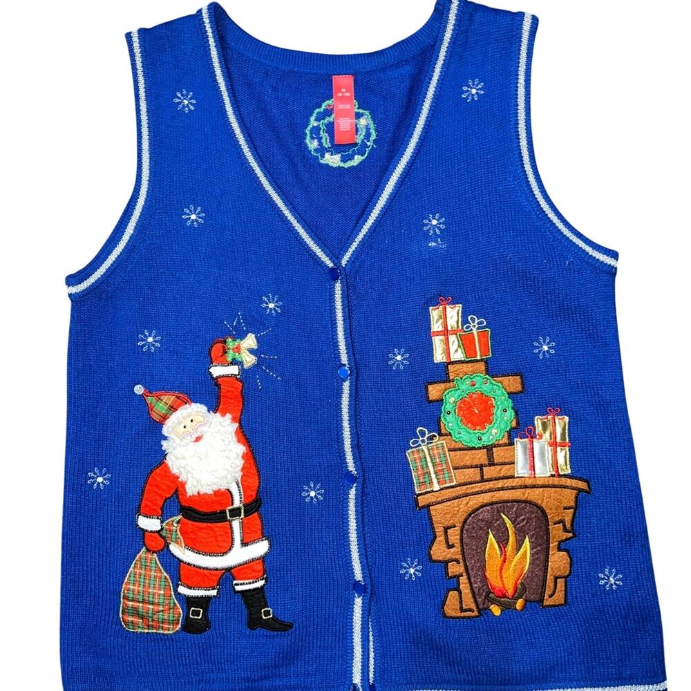 Blue Knit Ugly Christmas Sweater Vest medium 8-10 women’s Santa Chimney Fireside